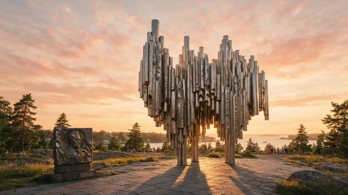 Fotorealistische Ansicht von Sibelius-Denkmal Helsinki in Helsinki, Finnland im Abendlicht