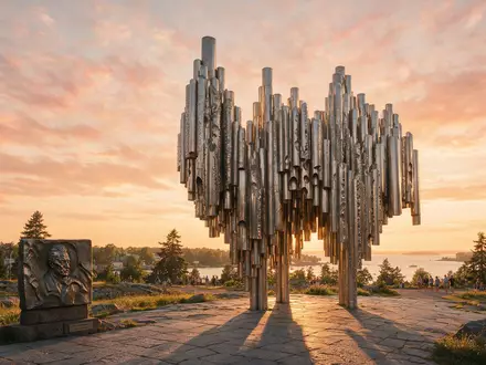 Fotorealistische Panoramaaufnahme von Sibelius-Denkmal Helsinki in Helsinki Finnland, warmes Abendlicht auf Wahrzeichen - Foto: THN
