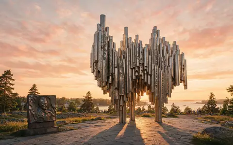 Fotorealistische Panoramaaufnahme von Sibelius-Denkmal Helsinki in Helsinki Finnland, warmes Abendlicht auf Wahrzeichen - Foto: THN