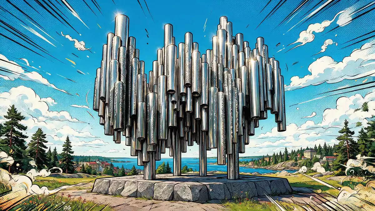 Pop-Art-Comic von Sibelius-Denkmal Helsinki in Helsinki, Finnland mit Rasterpunkten