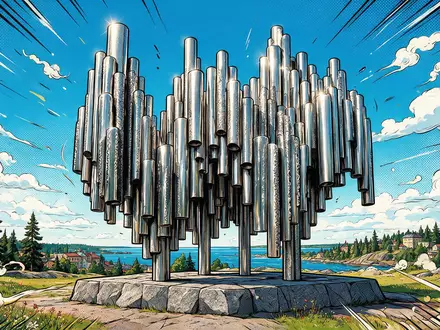 Pop-Art-Comicillustration des Wahrzeichens Sibelius-Denkmal Helsinki in Helsinki Finnland, kraeftige Konturen Rasterpunkte und satte Farben - Foto: THN