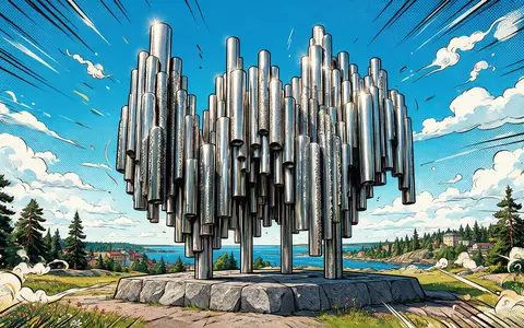 Pop-Art-Comicillustration des Wahrzeichens Sibelius-Denkmal Helsinki in Helsinki Finnland, kraeftige Konturen Rasterpunkte und satte Farben - Foto: THN