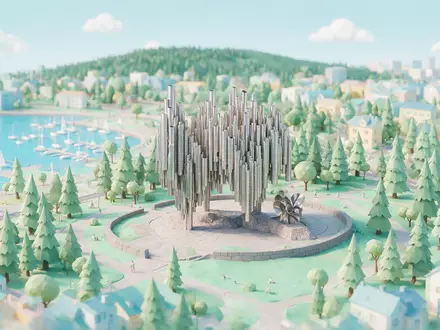 Isometrisches Diorama von Sibelius-Denkmal Helsinki und Umgebung in Helsinki Finnland, verspielte Low-Poly-Kulisse in Pastellfarben - Foto: THN