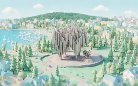 Isometrisches Diorama von Sibelius-Denkmal Helsinki und Umgebung in Helsinki Finnland, verspielte Low-Poly-Kulisse in Pastellfarben - Foto: THN
