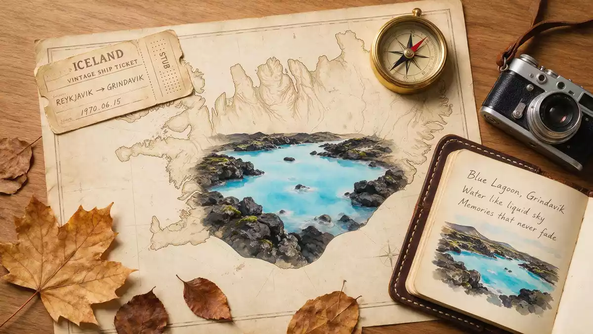 Flatlay-Reise-Arrangement rund um Blaue Lagune Island in Grindavik, Island