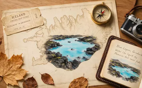 Flatlay-Reise-Arrangement rund um Blaue Lagune Island in Grindavik Island, Karte Kompass Kamera und generische Reiserequisiten - Foto: THN