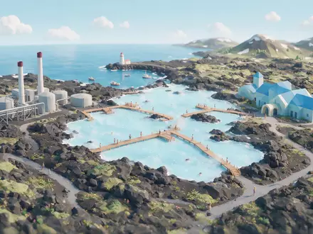 Isometrisches Diorama von Blaue Lagune Island und Umgebung in Grindavik Island, verspielte Low-Poly-Kulisse in Pastellfarben - Foto: THN