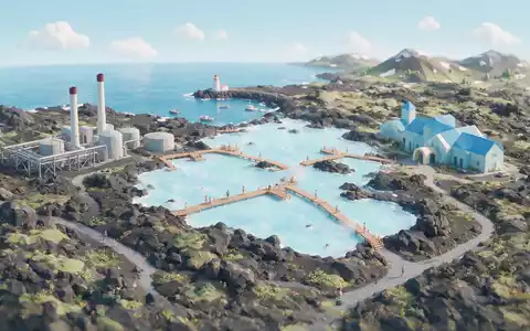 Isometrisches Diorama von Blaue Lagune Island und Umgebung in Grindavik Island, verspielte Low-Poly-Kulisse in Pastellfarben - Foto: THN