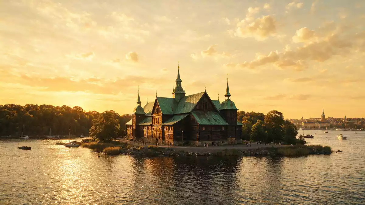 Fotorealistische Ansicht von Vasa-Museum Stockholm in Stockholm, Schweden im Abendlicht