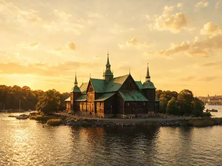 Fotorealistische Panoramaaufnahme von Vasa-Museum Stockholm in Stockholm Schweden, warmes Abendlicht auf Wahrzeichen - Foto: THN