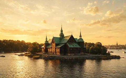 Fotorealistische Panoramaaufnahme von Vasa-Museum Stockholm in Stockholm Schweden, warmes Abendlicht auf Wahrzeichen - Foto: THN
