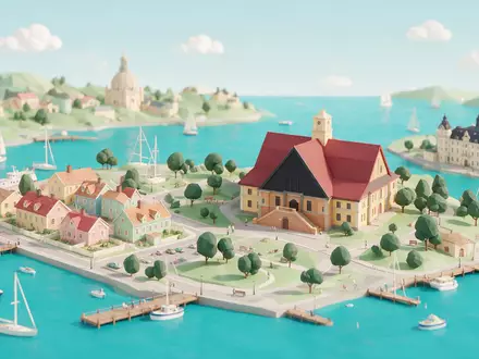 Isometrisches Diorama von Vasa-Museum Stockholm und Umgebung in Stockholm Schweden, verspielte Low-Poly-Kulisse in Pastellfarben - Foto: THN