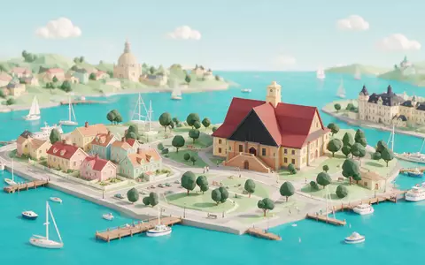 Isometrisches Diorama von Vasa-Museum Stockholm und Umgebung in Stockholm Schweden, verspielte Low-Poly-Kulisse in Pastellfarben - Foto: THN