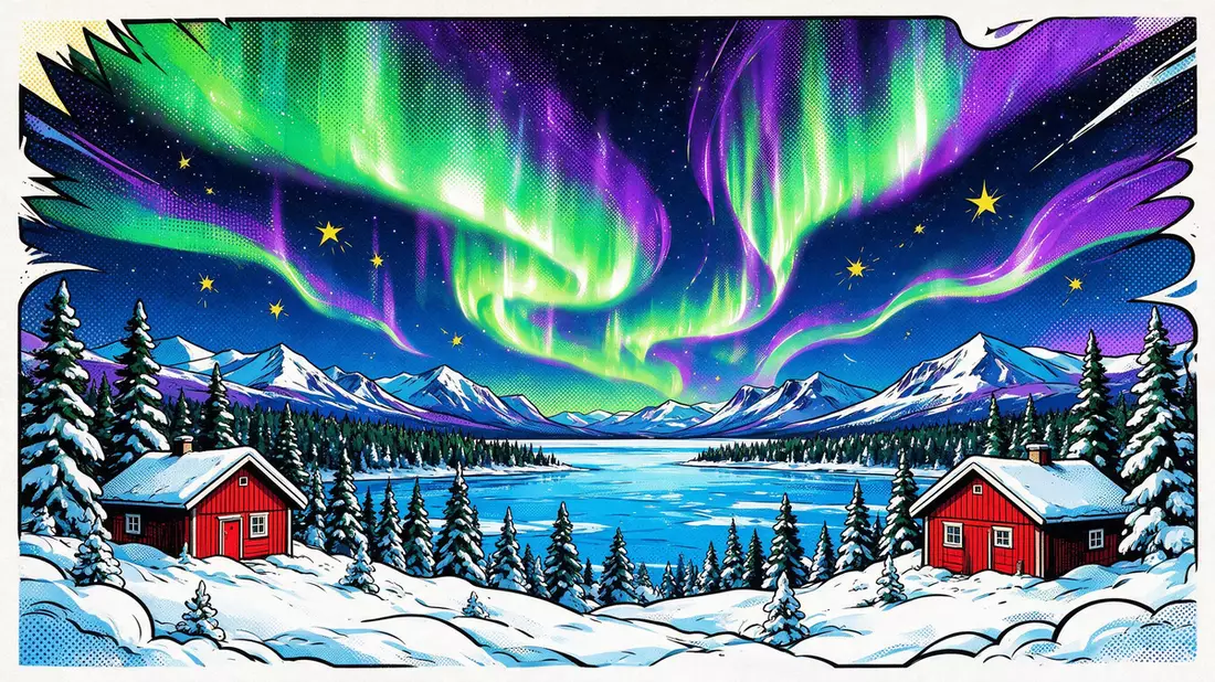 Pop-Art-Comic von Abisko-Nationalpark in Abisko, Schweden mit Rasterpunkten