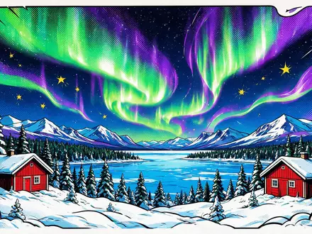 Pop-Art-Comicillustration des Wahrzeichens Abisko-Nationalpark in Abisko Schweden, kraeftige Konturen Rasterpunkte und satte Farben - Foto: THN