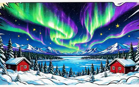 Pop-Art-Comicillustration des Wahrzeichens Abisko-Nationalpark in Abisko Schweden, kraeftige Konturen Rasterpunkte und satte Farben - Foto: THN