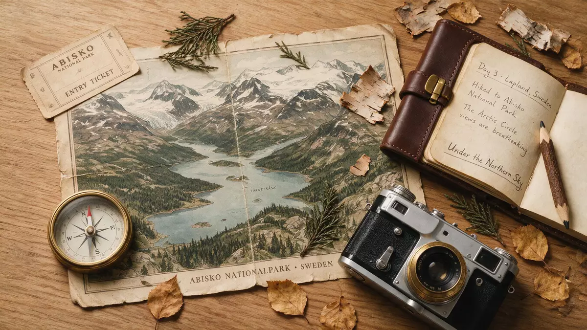 Flatlay-Reise-Arrangement rund um Abisko-Nationalpark in Abisko, Schweden