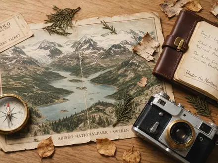 Flatlay-Reise-Arrangement rund um Abisko-Nationalpark in Abisko Schweden, Karte Kompass Kamera und generische Reiserequisiten - Foto: THN