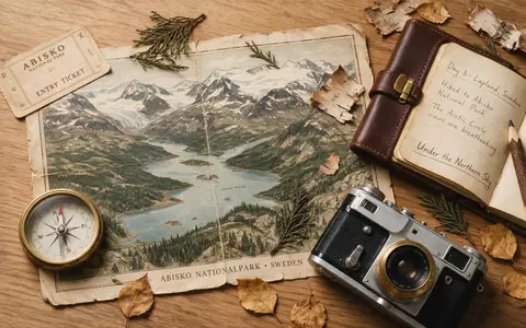 Flatlay-Reise-Arrangement rund um Abisko-Nationalpark in Abisko Schweden, Karte Kompass Kamera und generische Reiserequisiten - Foto: THN