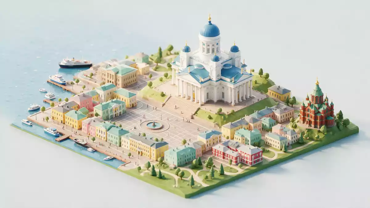 Isometrisches Diorama von Dom von Helsinki in Helsinki, Finnland in Pastell