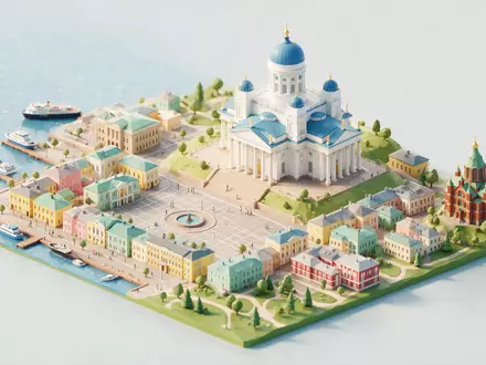 Isometrisches Diorama von Dom von Helsinki und Umgebung in Helsinki Finnland, verspielte Low-Poly-Kulisse in Pastellfarben - Foto: THN