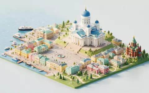 Isometrisches Diorama von Dom von Helsinki und Umgebung in Helsinki Finnland, verspielte Low-Poly-Kulisse in Pastellfarben - Foto: THN