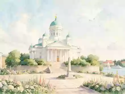 Aquarellillustration des Wahrzeichens Dom von Helsinki in Helsinki Finnland, weiche Farbverläufe und pastelliges Reiseposter-Feeling - Foto: THN
