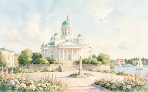 Aquarellillustration des Wahrzeichens Dom von Helsinki in Helsinki Finnland, weiche Farbverläufe und pastelliges Reiseposter-Feeling - Foto: THN