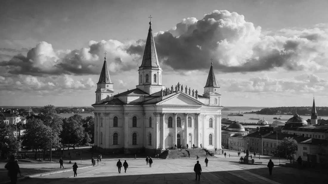 Schwarzweiss-Reportage vom Wahrzeichen Dom von Helsinki in Helsinki, Finnland
