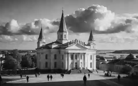 Schwarzweiss-Reportagebild vom Wahrzeichen Dom von Helsinki in Helsinki Finnland, dokumentarische Reisefotografie mit starken Kontrasten - Foto: THN