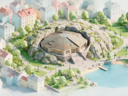 Isometrisches Diorama von Felsenkirche Helsinki und Umgebung in Helsinki Finnland, verspielte Low-Poly-Kulisse in Pastellfarben - Foto: THN