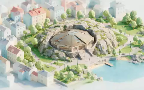 Isometrisches Diorama von Felsenkirche Helsinki und Umgebung in Helsinki Finnland, verspielte Low-Poly-Kulisse in Pastellfarben - Foto: THN