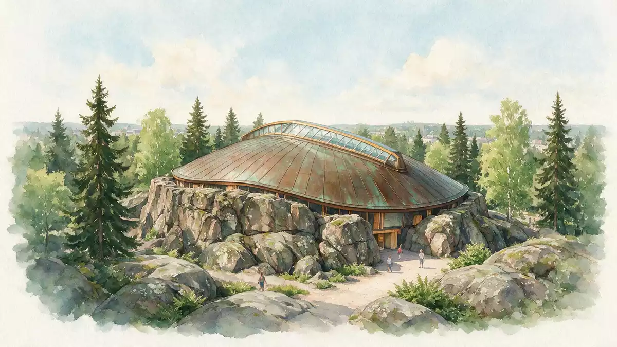 Aquarell-Illustration von Felsenkirche Helsinki in Helsinki, Finnland als Reiseposter