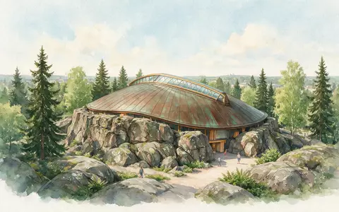 Aquarellillustration des Wahrzeichens Felsenkirche Helsinki in Helsinki Finnland, weiche Farbverläufe und pastelliges Reiseposter-Feeling - Foto: THN