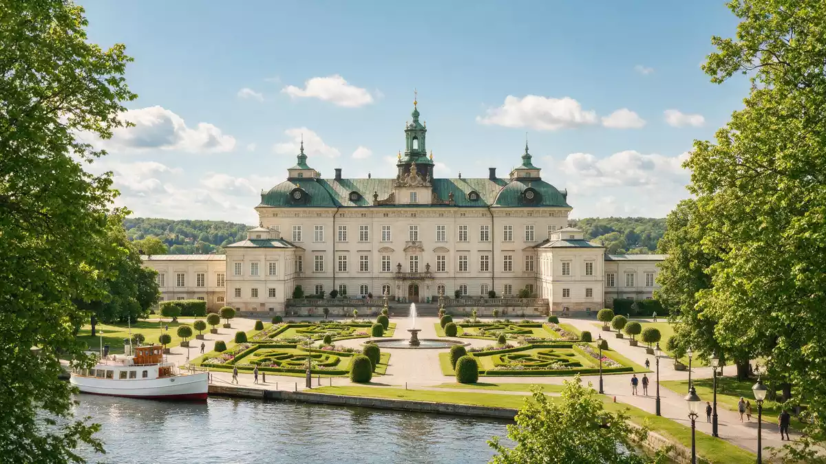 Editorial-Reisemagazinbild vom Wahrzeichen Schloss Drottningholm in Stockholm, Schweden