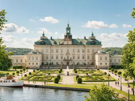 Editorialbild im Reisemagazin-Stil vom Wahrzeichen Schloss Drottningholm in Stockholm Schweden, ausgewogene Bildgestaltung und natuerliches Umgebungslicht - Foto: THN