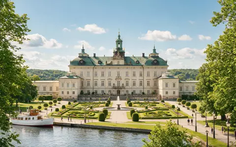 Editorialbild im Reisemagazin-Stil vom Wahrzeichen Schloss Drottningholm in Stockholm Schweden, ausgewogene Bildgestaltung und natuerliches Umgebungslicht - Foto: THN