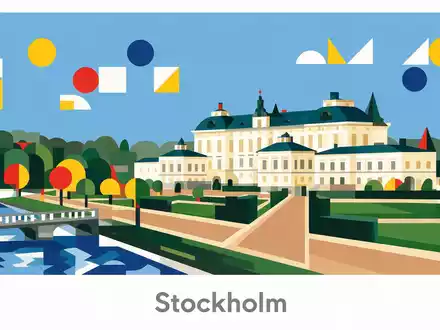 Bauhaus-Poster als geometrische Abstraktion von Schloss Drottningholm in Stockholm Schweden, kraeftige Grundfarben und harte Formkanten - Foto: THN