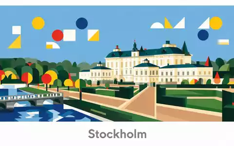 Bauhaus-Poster als geometrische Abstraktion von Schloss Drottningholm in Stockholm Schweden, kraeftige Grundfarben und harte Formkanten - Foto: THN