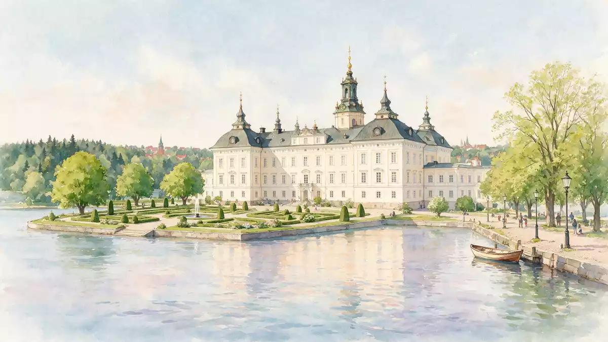 Aquarell-Illustration von Schloss Drottningholm in Stockholm, Schweden als Reiseposter