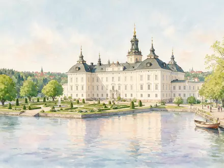 Aquarellillustration des Wahrzeichens Schloss Drottningholm in Stockholm Schweden, weiche Farbverläufe und pastelliges Reiseposter-Feeling - Foto: THN