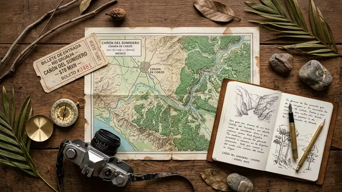 Flatlay-Reise-Arrangement rund um Sumidero-Canyon in Chiapa de Corzo, Mexiko