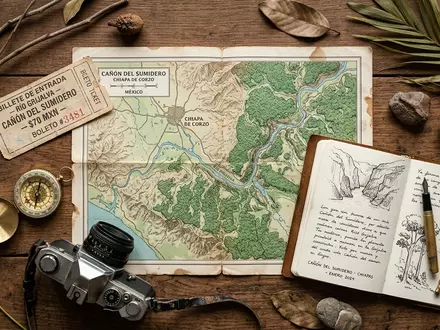 Flatlay-Reise-Arrangement rund um Sumidero-Canyon in Chiapa de Corzo Mexiko, Karte Kompass Kamera und generische Reiserequisiten - Foto: THN