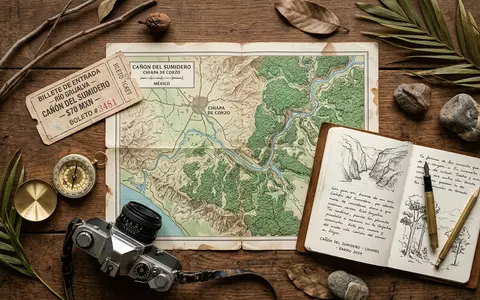 Flatlay-Reise-Arrangement rund um Sumidero-Canyon in Chiapa de Corzo Mexiko, Karte Kompass Kamera und generische Reiserequisiten - Foto: THN