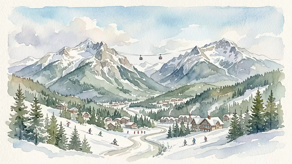 Aquarell-Illustration von Whistler Blackcomb in Whistler, Kanada als Reiseposter