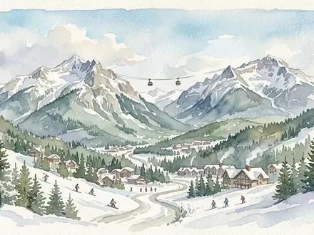 Aquarellillustration des Wahrzeichens Whistler Blackcomb in Whistler Kanada, weiche Farbverläufe und pastelliges Reiseposter-Feeling - Foto: THN