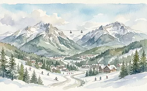 Aquarellillustration des Wahrzeichens Whistler Blackcomb in Whistler Kanada, weiche Farbverläufe und pastelliges Reiseposter-Feeling - Foto: THN