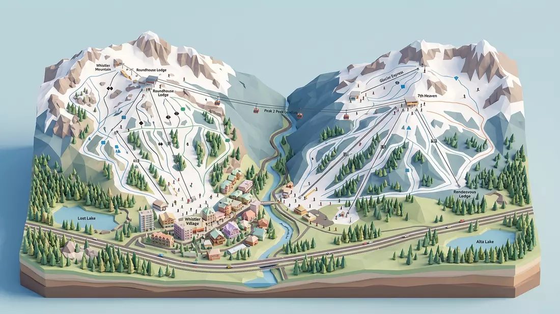 Isometrisches Diorama von Whistler Blackcomb in Whistler, Kanada in Pastell