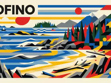 Bauhaus-Poster als geometrische Abstraktion von Pacific Rim Tofino in Tofino Kanada, kraeftige Grundfarben und harte - Foto: THN