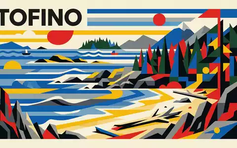 Bauhaus-Poster als geometrische Abstraktion von Pacific Rim Tofino in Tofino Kanada, kraeftige Grundfarben und harte - Foto: THN